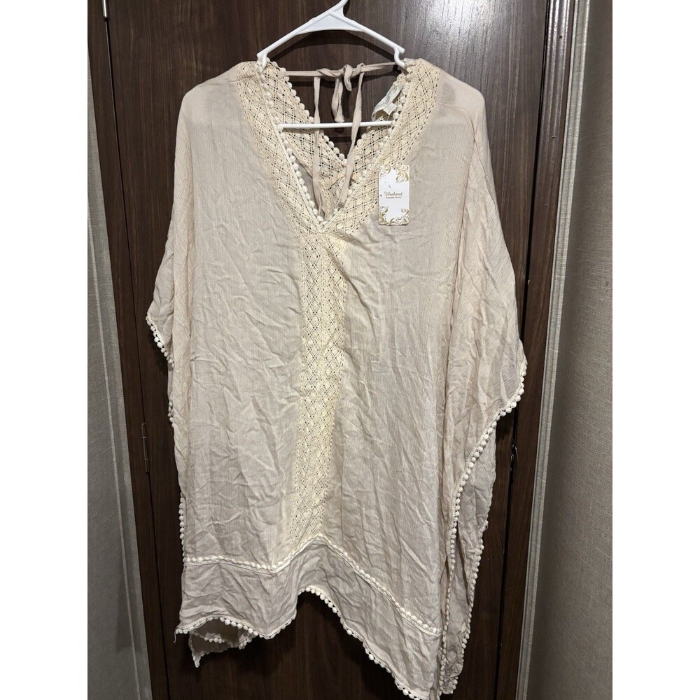 Weekend Boho Cream Crochet Lace Trim Poncho Top Tunic Swim Cover Up Size 3X